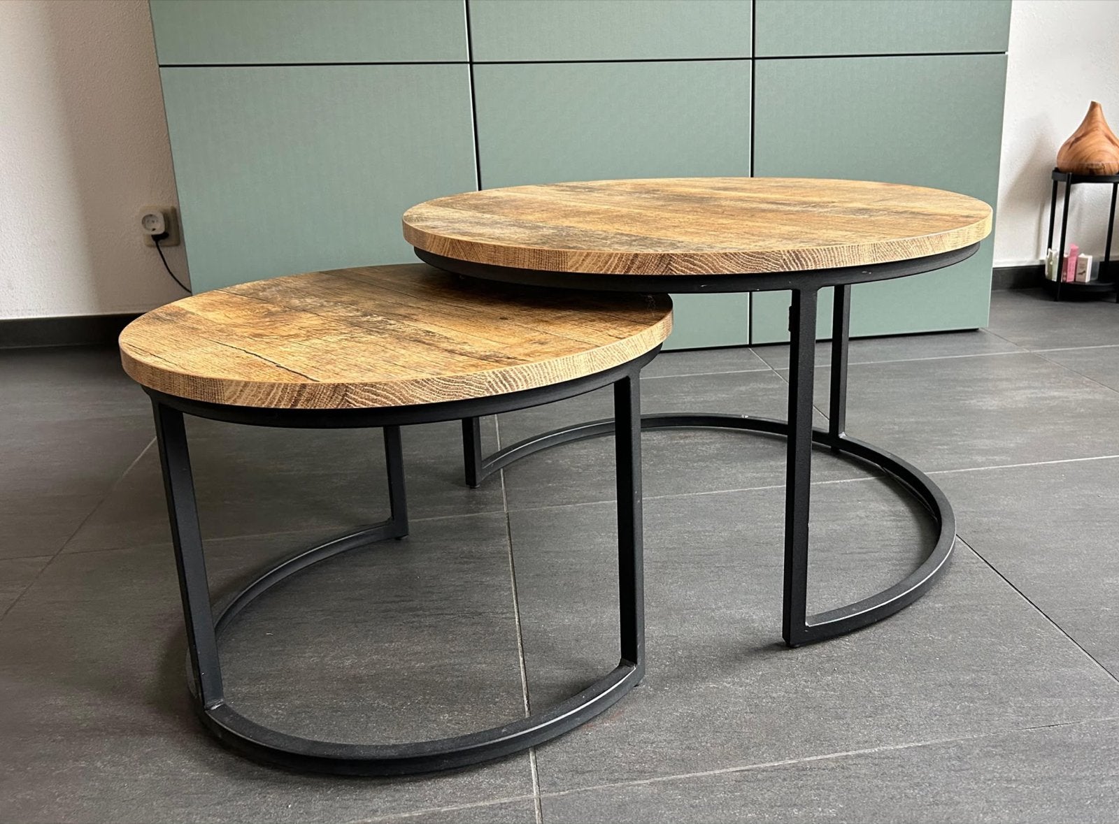 Salontafel set van 2, rond, hout en metaal, Ophalen, Rond, 50 tot 100 cm, Zo goed als nieuw