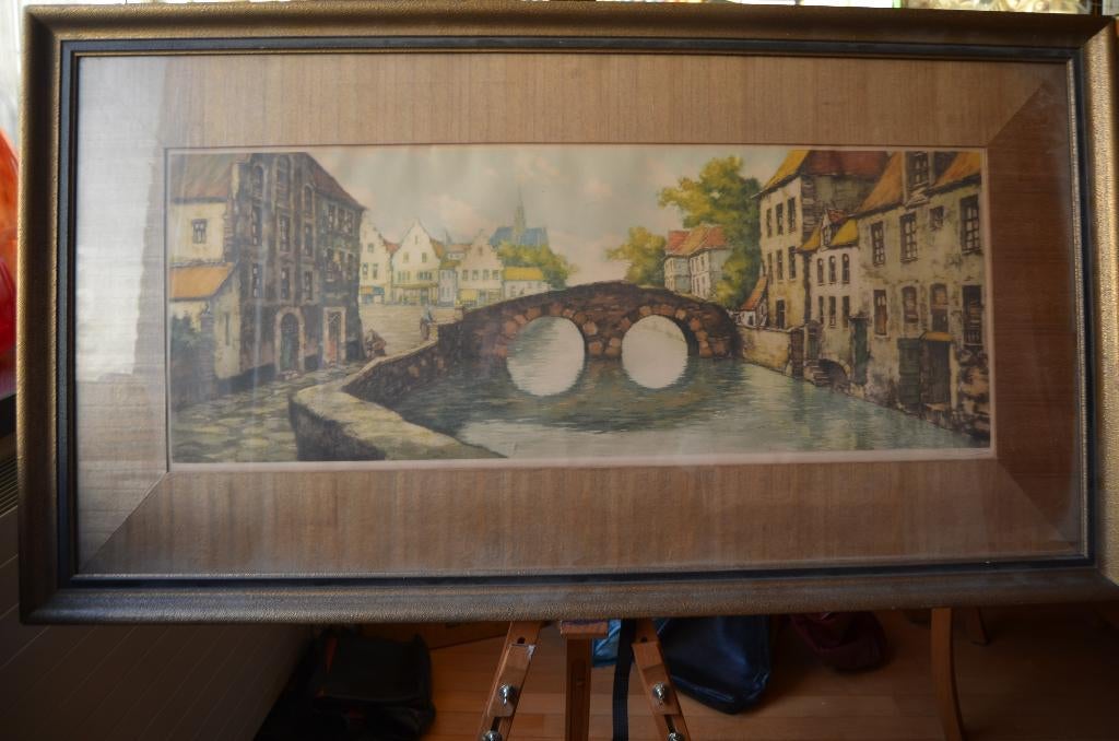 Grote kleurenets (?) Brugge, gesigneerd 'van Meulen', Antiek en Kunst, Ingelijst, Ophalen of Verzenden, 106 cm, 1950 - 1999
