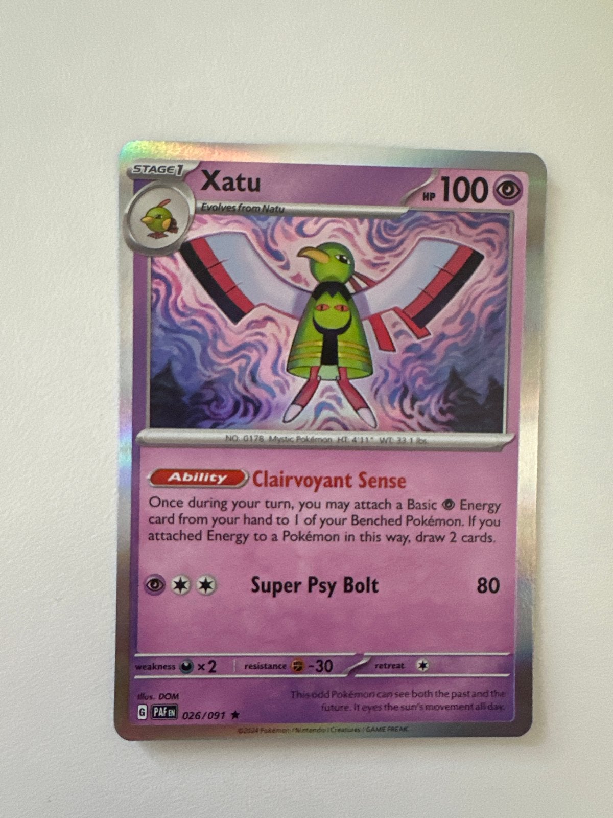 Pokémon Kaart: Xatu 026/091 PAF G Foil, Ophalen of Verzenden, Zo goed als nieuw, Losse kaart, Foil
