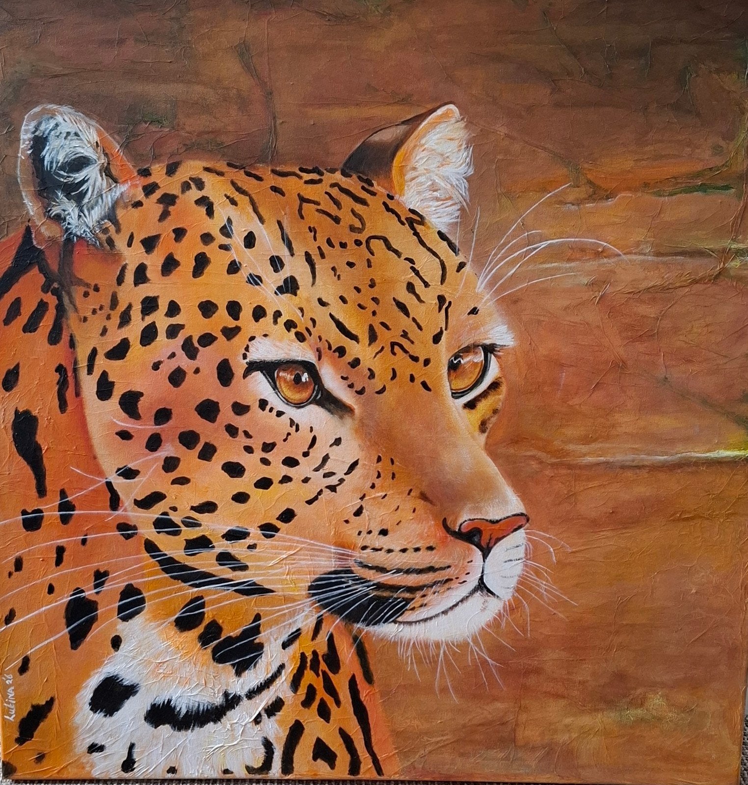 Schilderij luipaard acrylverf op katoenen doek 80x80cm, Ophalen of Verzenden