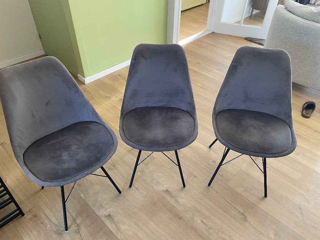 Drie fluweel/velvet eetkamerstoelen, Huis en Inrichting, Stoelen, Ophalen, Gebruikt, Drie, Stof