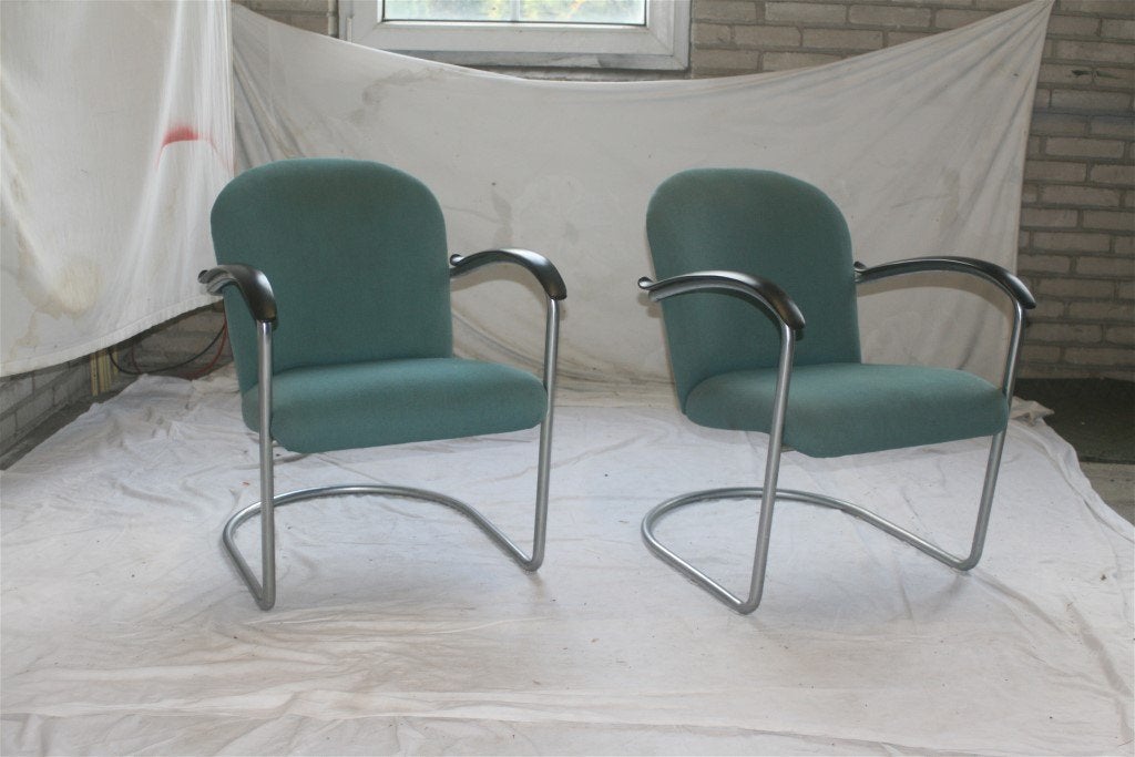 2 Vintage Jaren '30 Chroom Gispen 414 Fauteuils Groengrijs, Ophalen, Minder dan 75 cm, Gispen Culemborg, Zo goed als nieuw