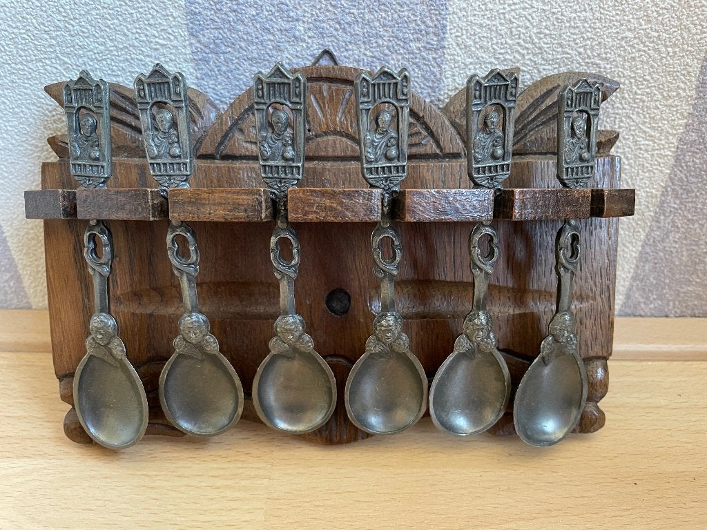 Antiek houten lepelrekje met 6 tinnen lepels, Antiek en Kunst, Antiek | Tin, Ophalen