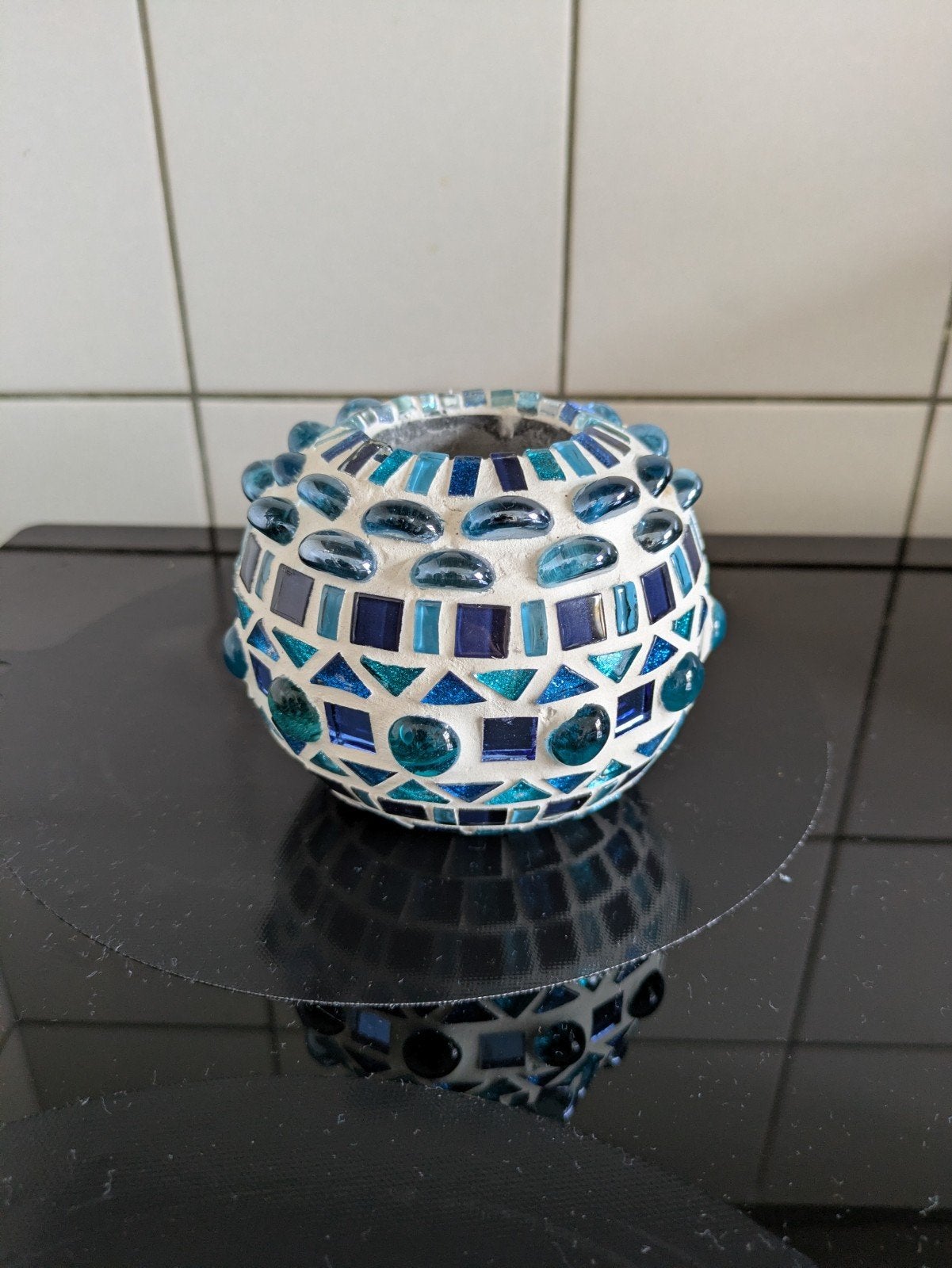 Unieke Mozaïek Waxinelichthouder - Blauw/Turquoise, Ophalen of Verzenden, Gebruikt, Kandelaar, 9 cm
