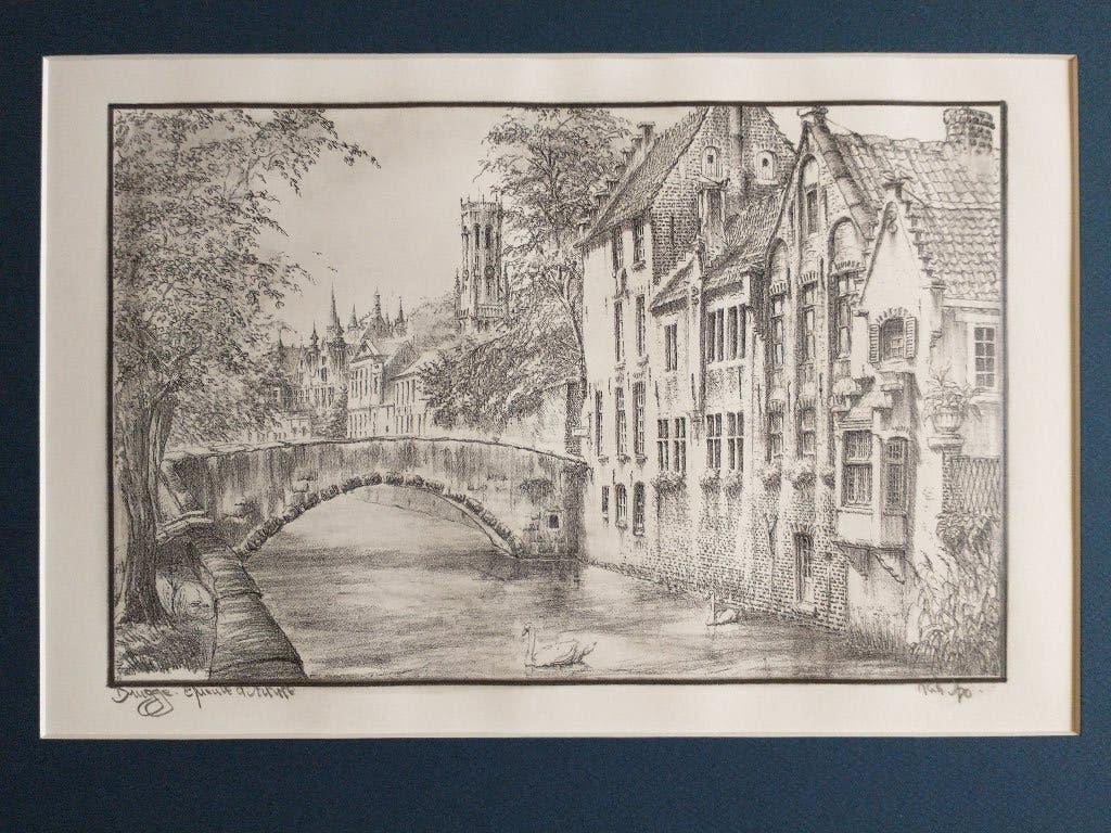 Prachtig gedetailleerde ets Brugge, Antiek en Kunst, Stadsgezicht, Ophalen of Verzenden, 21 cm, 1950 - 1999