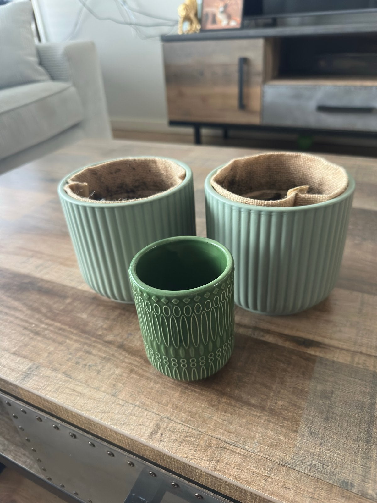 Set van 3 groene bloempotten, aardewerk, Ophalen, Gebruikt, Rond, Binnen
