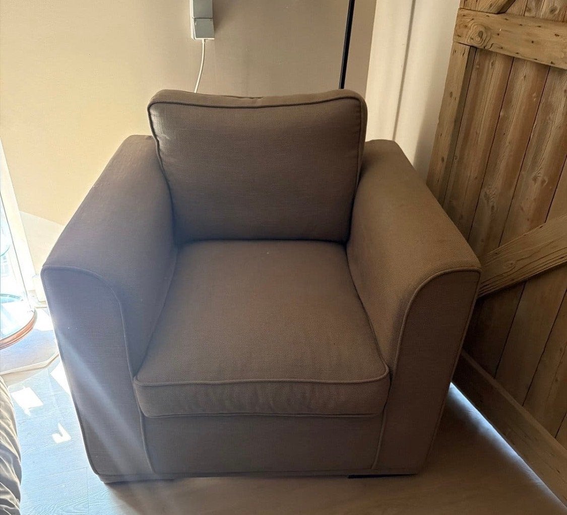 Comfortabele fauteuil - Bruin/beige stof, Ophalen, Gebruikt, Stof, 75 tot 100 cm