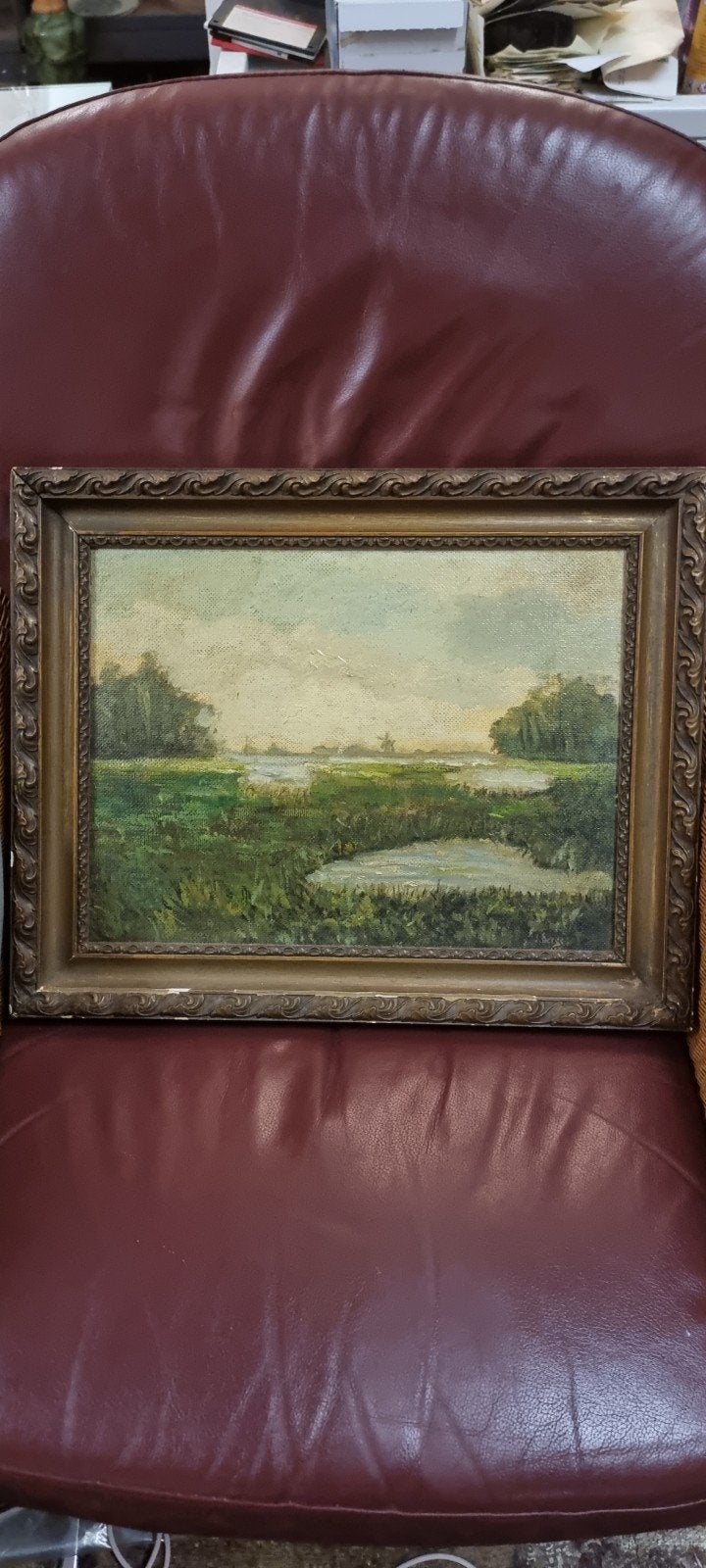 Landschapsschilderij van J. Berge (39x49 cm), Doek, Realistisch, Ophalen of Verzenden, Landschap