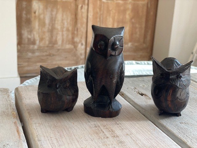 3 x vintage handgesneden houten beeldje Uil. Uilenbeeldjes., Ophalen, Minder dan 20 cm, Handgemaakt, Beeld