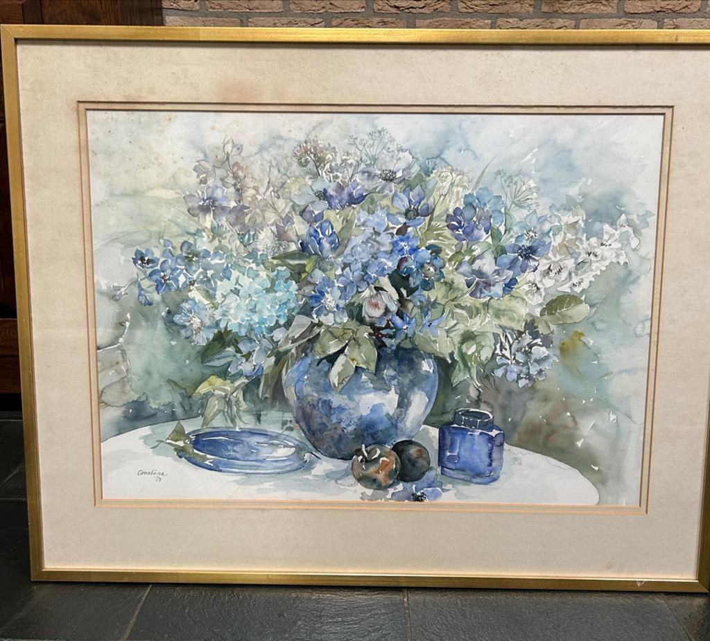 Aquarel stilleven met blauwe bloemen en vaas van Coraline, Ophalen