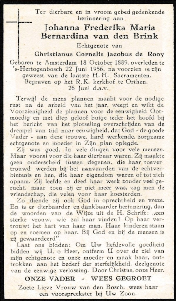 Brink Johanna 1889 Amsterdam 1956 Den Bosch, Ophalen of Verzenden, Bidprentje
