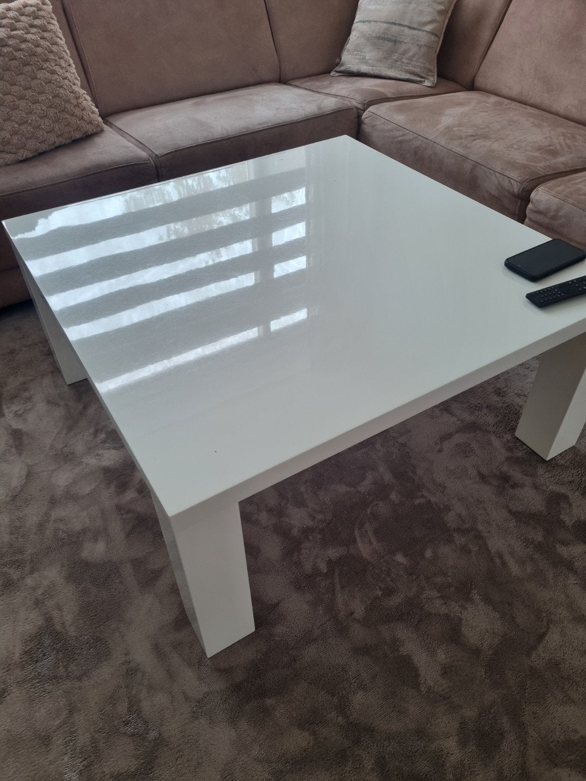 Witte hoogglans salontafel 100x100 cm, Ophalen, Kunststof, Gebruikt, Vierkant