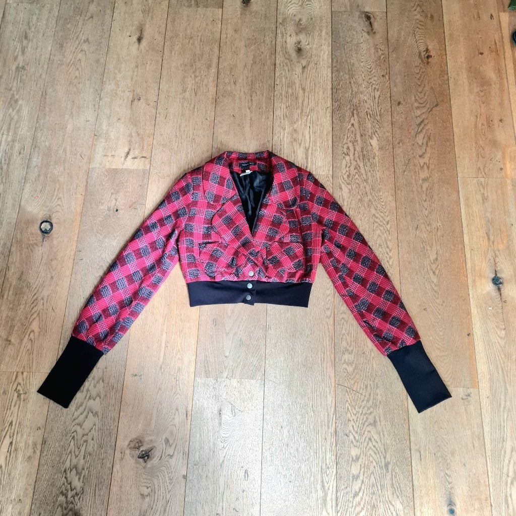 Geruite cropped jas in frambozenrood, grijs en zwart tartan, Maat 38/40 (M), Meerkleurig, Ophalen of Verzenden, Zo goed als nieuw