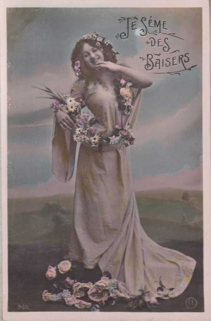 Meisje lang haar en bloemen. Leuke oude AK., Ophalen of Verzenden, Voor 1920, Gelopen, Kinderen