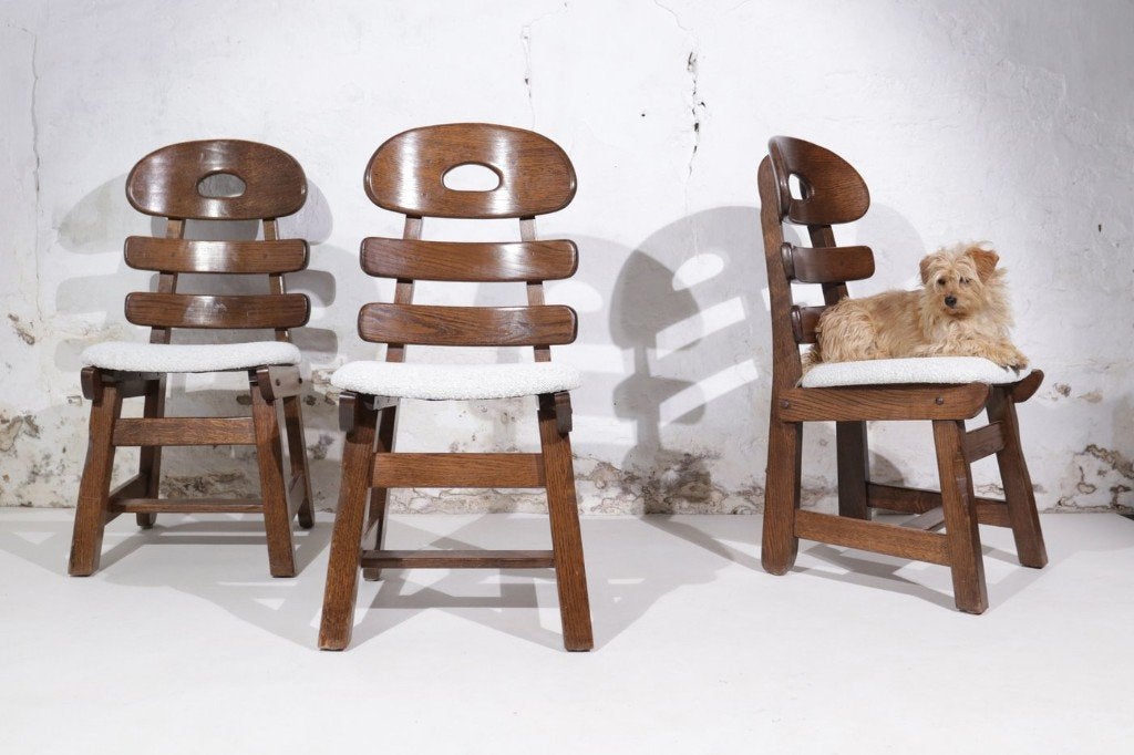 Brutalistische visgraat stoelen Spaans eiken - set van 4, Huis en Inrichting, Stoelen, Ophalen, Gebruikt, Bruin, Vier