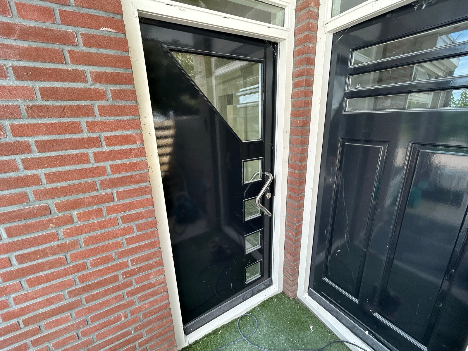 Blauwe Buitendeur met dubbel Glas en RVS Handgreep, Doe-het-zelf en Verbouw, Deuren en Horren, Ophalen, Gebruikt, 80 tot 100 cm