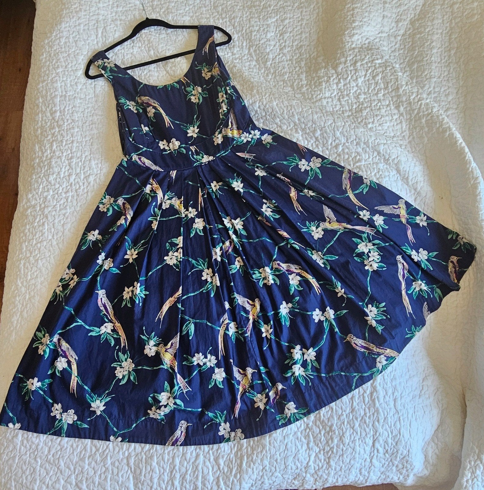 Emily and Fin jurk met vogelprint , XL, 42/44, Kleding | Dames, Jurken, Blauw, Ophalen of Verzenden, Zo goed als nieuw, Knielengte