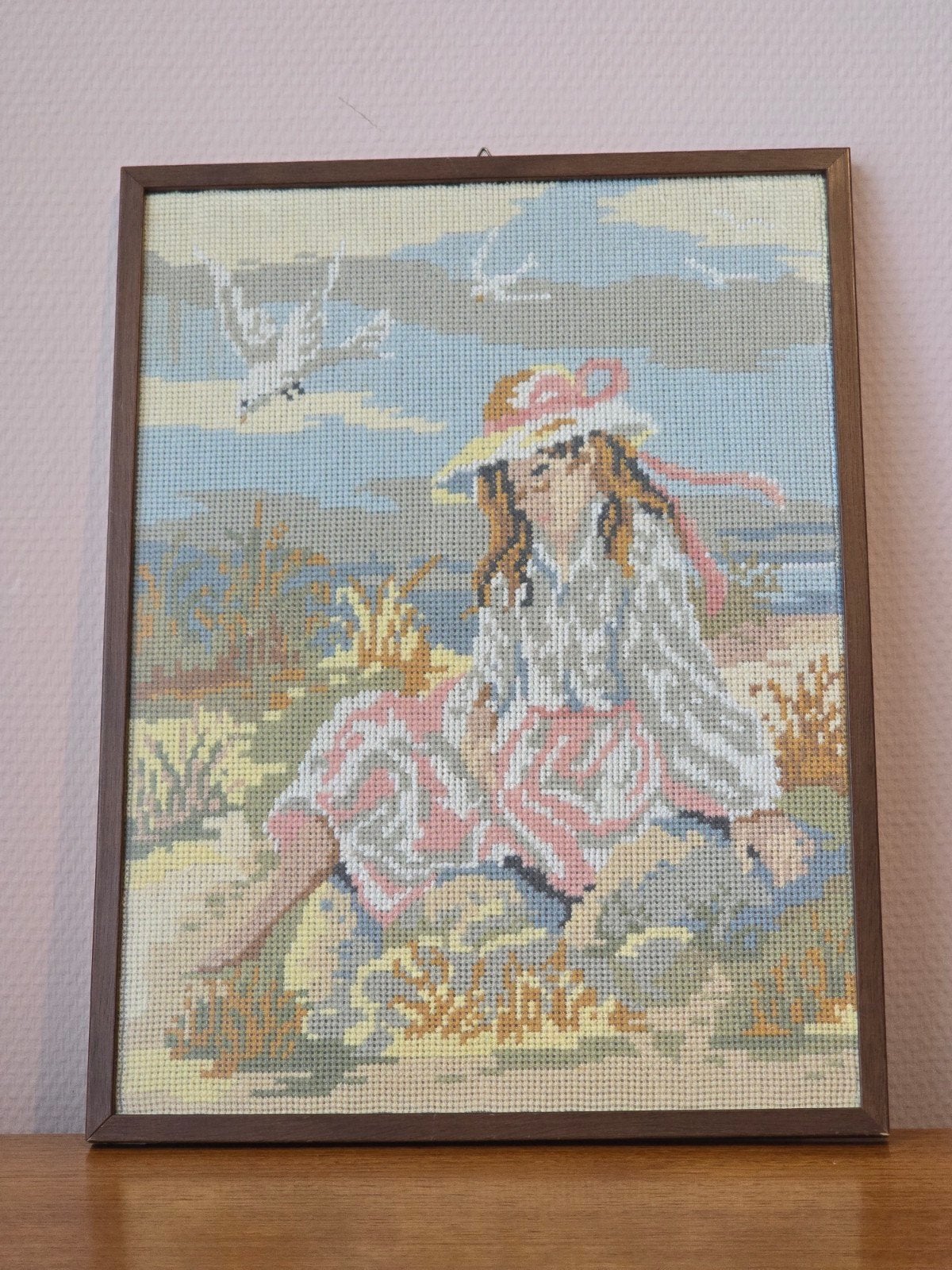 Vintage Gobelin Borduurwerk Vrouw aan Zee Pastel Jessica, Ophalen of Verzenden
