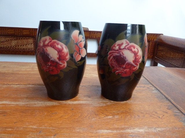 2 art deco opaline vazen met prachtige beschildering, Booms, Ophalen of Verzenden