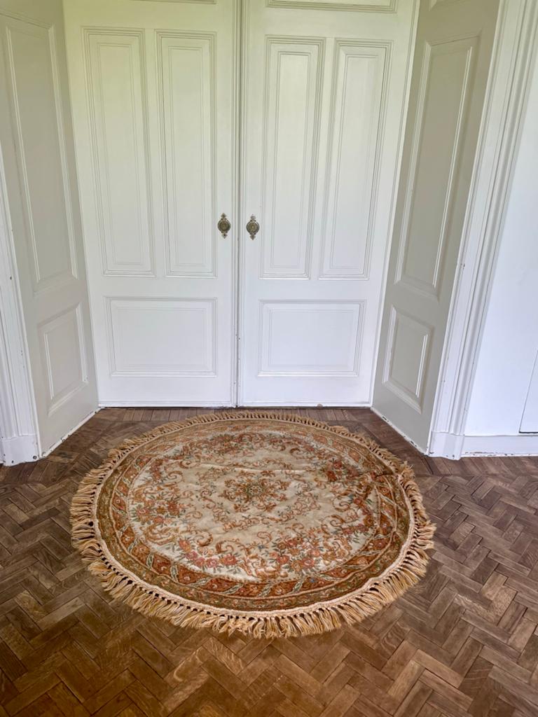 Super mooi rond geel vintage tapijt vloerkleed met franjes, Gebruikt, Rond, Ophalen of Verzenden, Overige kleuren