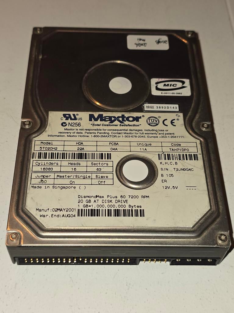 Maxtor 20GB IDE harde schijf - Vintage HDD, Computers en Software, Vintage Computers, Ophalen of Verzenden, Maxtor