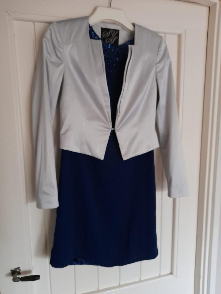 Feestjurk met bijpassend jasje maat 34, Galajurk, Blauw, Ophalen of Verzenden, Zo goed als nieuw