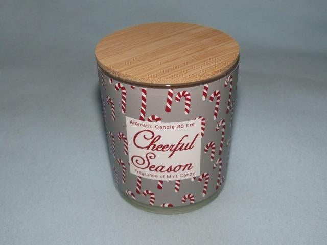 Geurkaars kerst in glas met candy canes en houten deksel, Diversen, Kerst, Nieuw, Ophalen of Verzenden