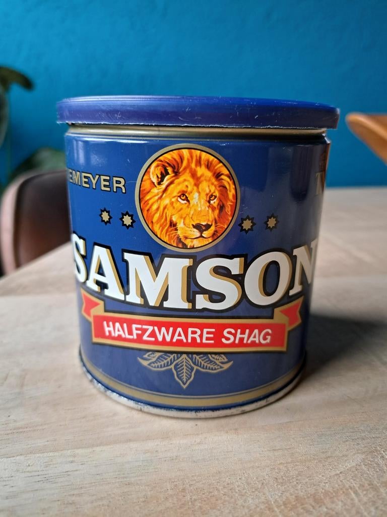 Vintage Samson shag blik, Verzamelen, Rookartikelen, Aanstekers en Luciferdoosjes, Zo goed als nieuw, Tabaksdoos of Verpakking