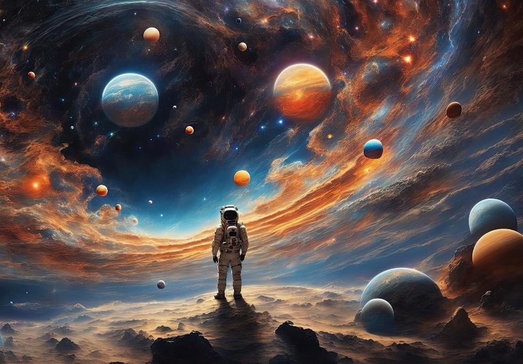 Astronaut in Space vlies fotobehang ruimtevaart, Ook op maat, Verzenden, Minder dan 10 m², Ruimtevaart, astronaut, heelal, planeten
