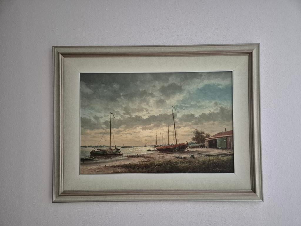 H.J. Wijngaard - Zonsondergang met gestrande boten, Antiek en Kunst, Kunst | Schilderijen | Klassiek, Ophalen