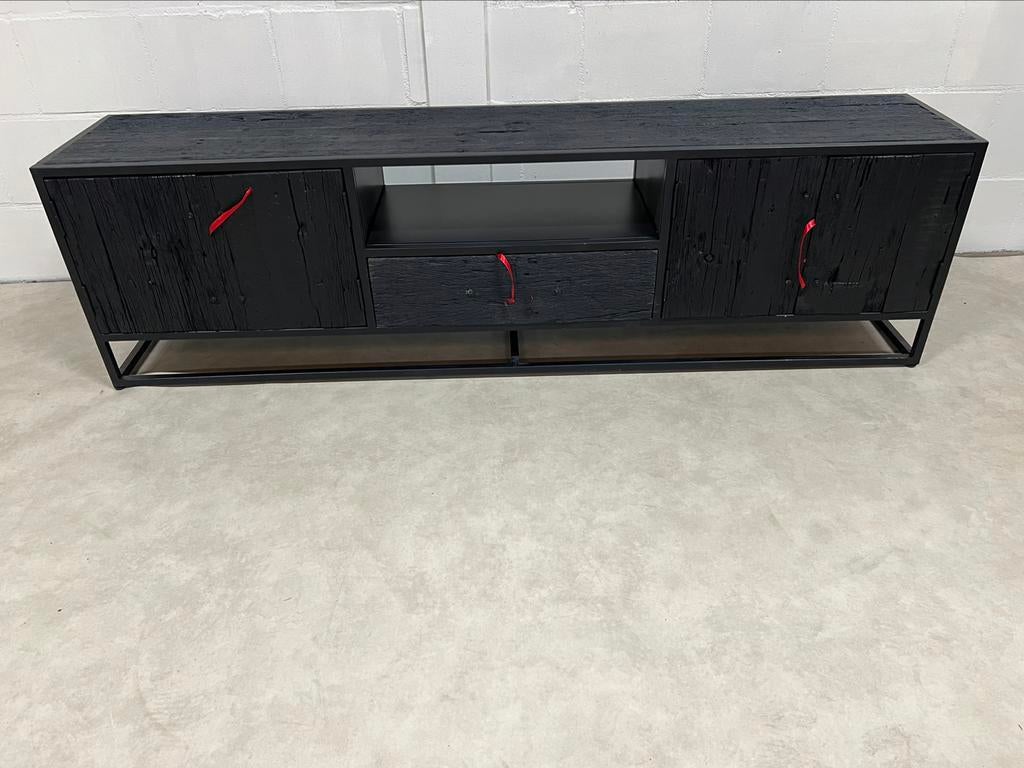 Tv meubel / kast mangohout zwart 200cm, Info@savoireinteriors.com, Kekrstraat, Ophalen of Verzenden, Minder dan 100 cm