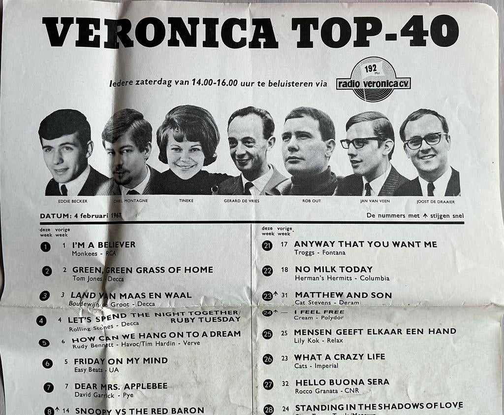 VERONICA TOP 40 LIJST 4 FEBR. 1967, Verzamelen, Ophalen of Verzenden, Foto of Kaart