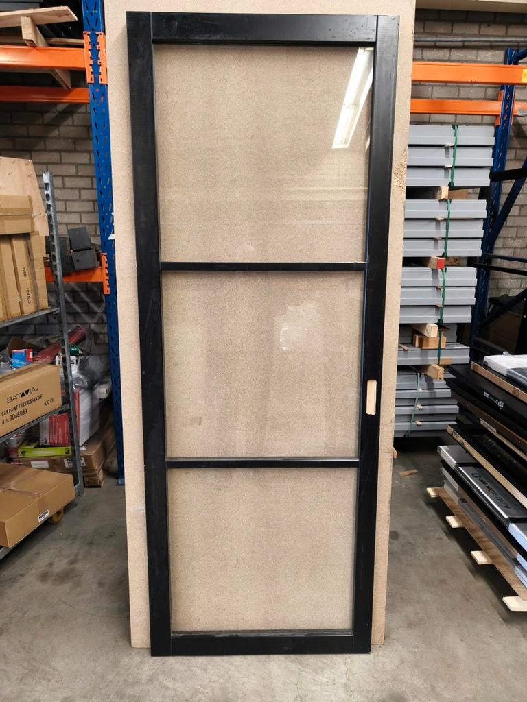 Zwarte staal look binnendeur met 3 ramen schuifdeur, Ophalen, 80 tot 100 cm, 215 cm of meer, Binnendeur