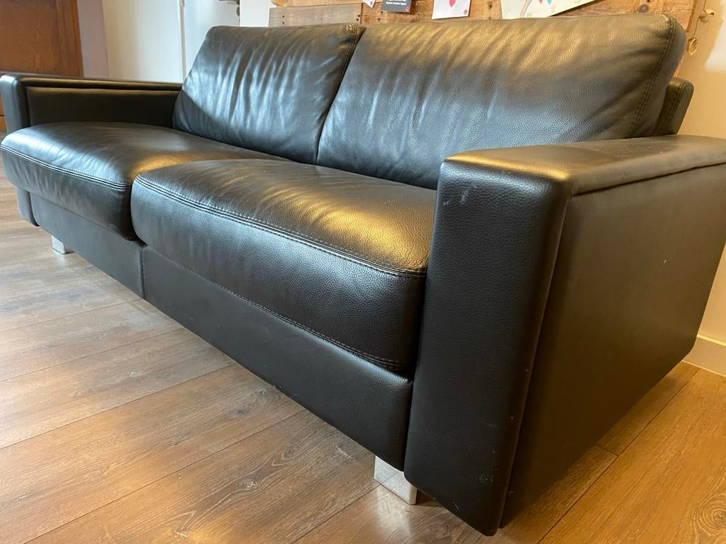 Zwarte tweezits leren bank, Ophalen, Gebruikt, 150 tot 200 cm, Tweepersoons