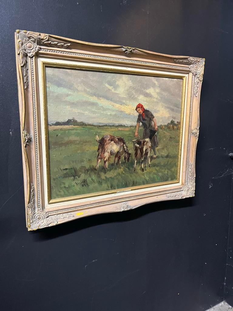 Schilderij Andries Verleur: Boerin met geiten, Antiek en Kunst, Ophalen of Verzenden