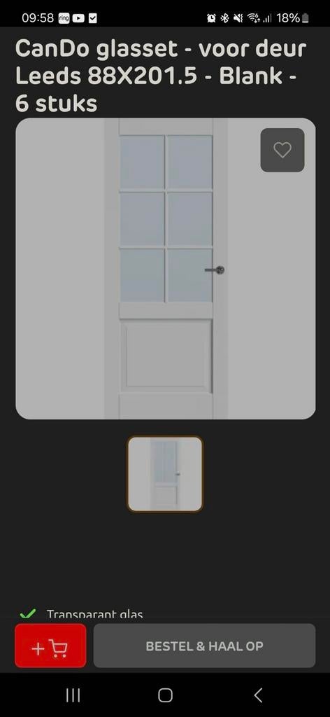 Cando GLAS SET Blank glas Leeds 88x201,5, Ophalen, 80 tot 100 cm, Binnendeur, Nieuw