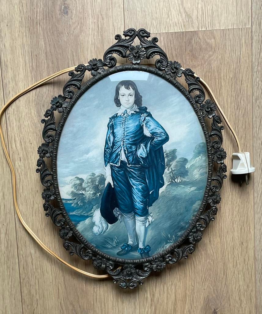 Messing lijst, bol glas, lamp, The Blue Boy, Antiek en Kunst, Curiosa en Brocante, Ophalen of Verzenden
