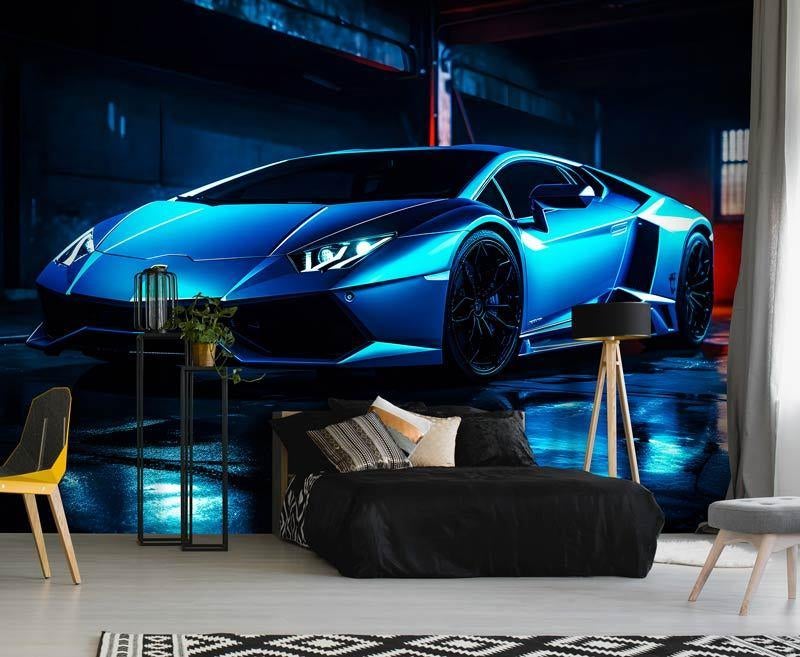 Fotobehang / Behang - Auto - Lamborghini Aventador Neon, Voertuigen, Blauw, Ophalen of Verzenden, Minder dan 10 m²