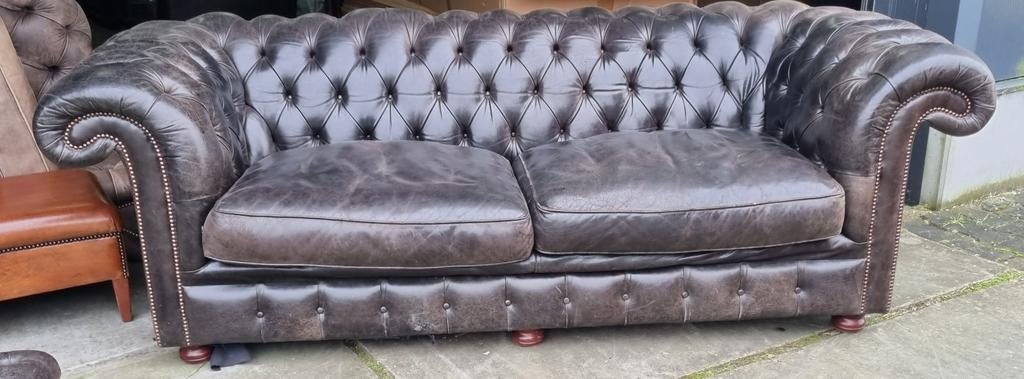 Chesterfield Springvale bank vintage zwart leer + BEZORGING