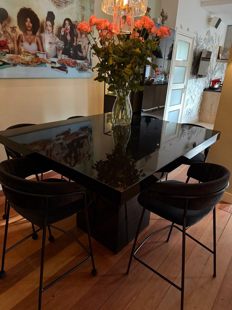 Hoogglans vierkante zwarte bartafel / eettafel 8 personen, Ophalen, Kunststof, Gebruikt, 100 tot 150 cm