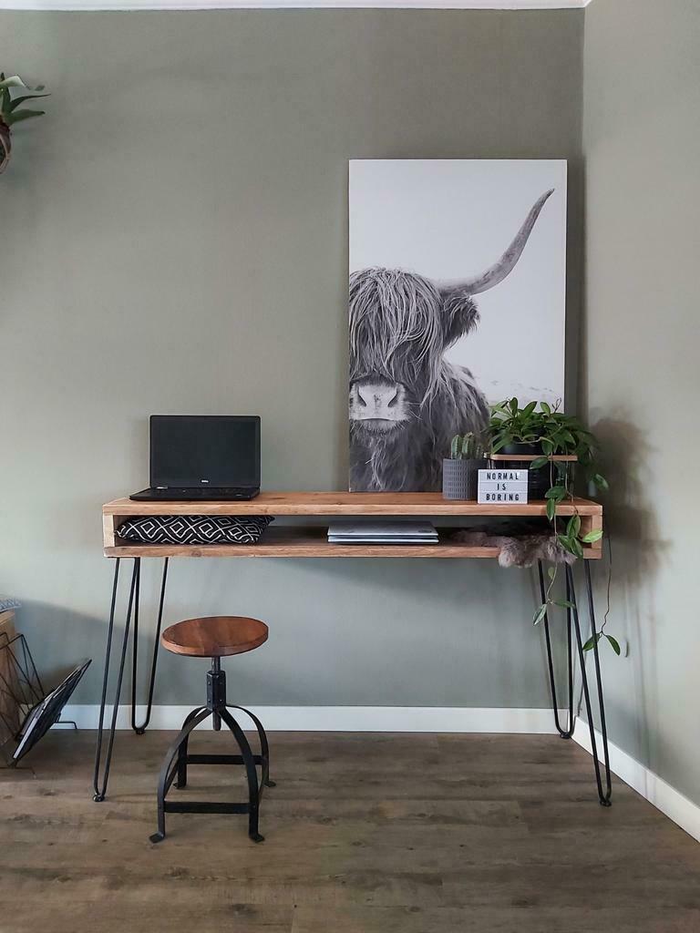 Industriële sidetable met hairpinpoten. Industrieel, Huis en Inrichting, Overige houtsoorten, Nieuw, Ophalen of Verzenden, 150 tot 200 cm