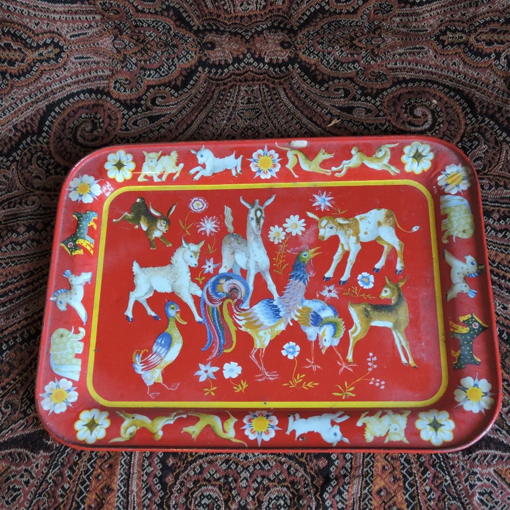 Brocant dienblad jaren '60 bli rood vintage dieren, Ophalen of Verzenden, Zo goed als nieuw, Rechthoekig, Metaal