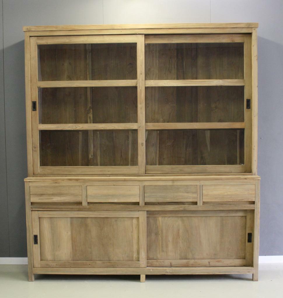 Strak afgewerkte teak kast met schuifdeuren bij indoteak!, Ophalen, Met deur(en), 200 cm of meer, Teakhout