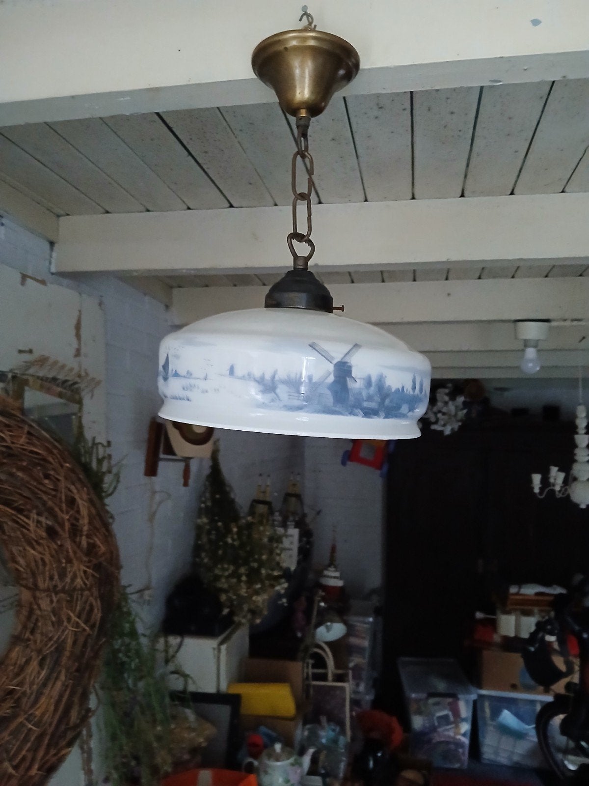 prachtig  glazen blouw witte hanglamp, Ophalen of Verzenden, Gebruikt, Glas