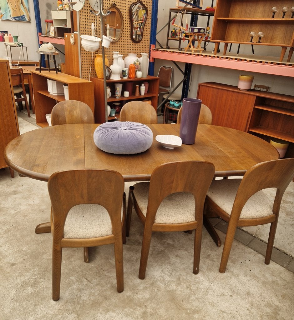 Vintage ronde uitschuiftafel, 6 stoelen Koefoed Hornslet, Ophalen, ., 4 tot 6 stoelen, .