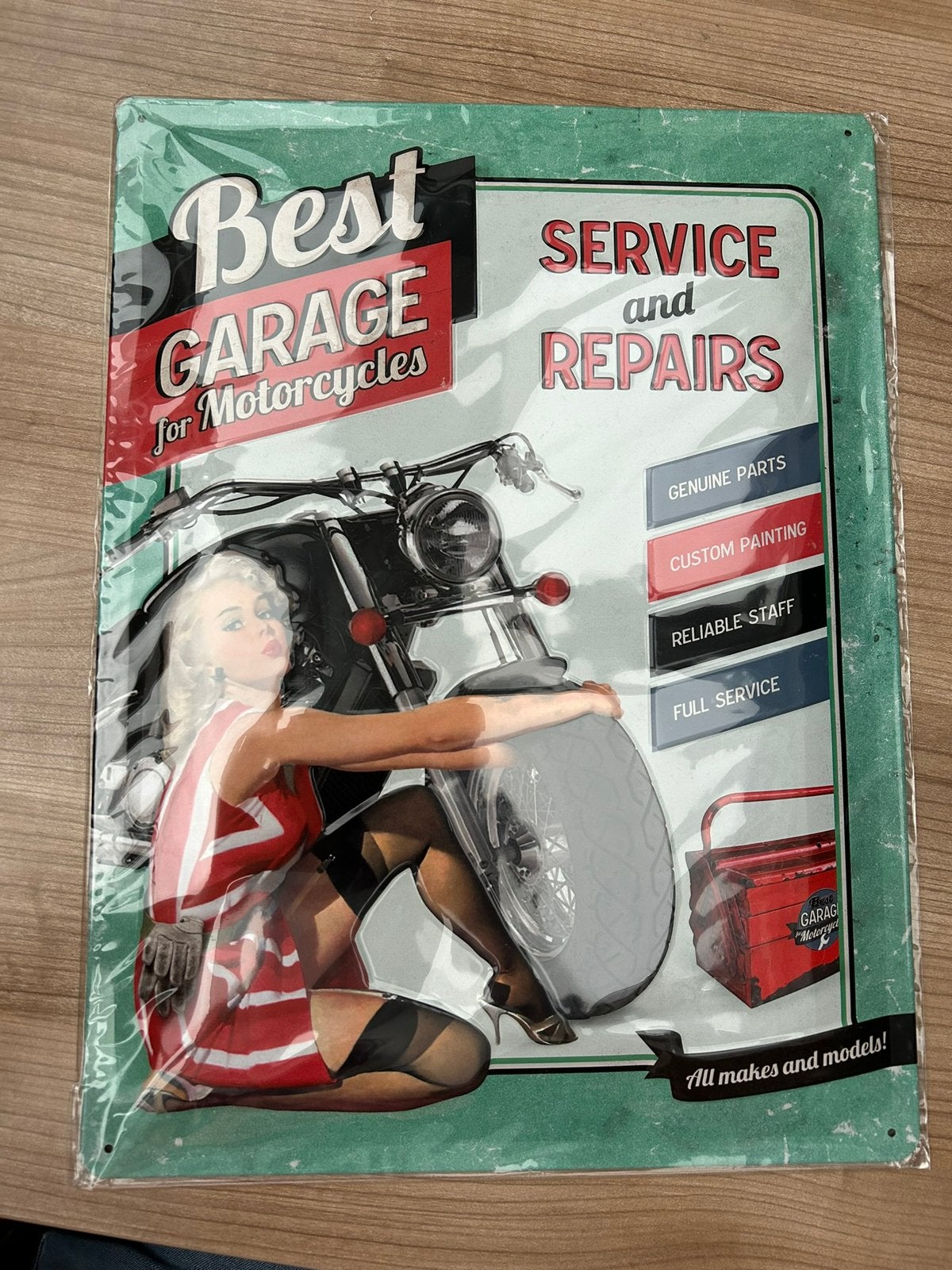 Motorfiets service garage reclame wandbord reclamebord, Ophalen of Verzenden, Nieuw, Reclamebord