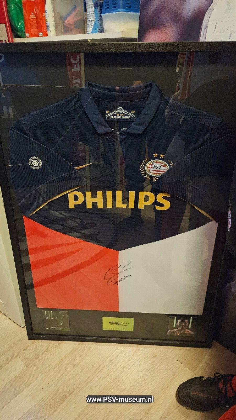 Uniek PSV/Feyenoord combi shirt Gini Wijnaldum ingelijst, Maat XL, Ophalen, Gebruikt, Shirt