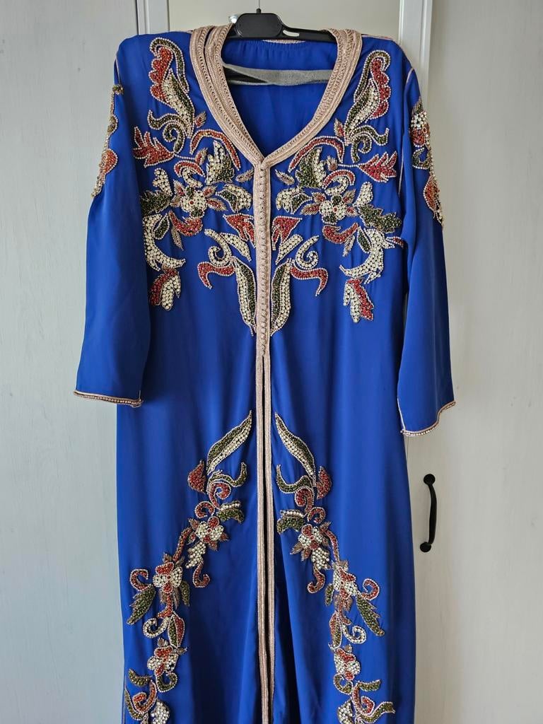 Elegante blauwe kaftan met borduursels met riem, Overige typen, Blauw, Maat 42/44 (L), Ophalen of Verzenden