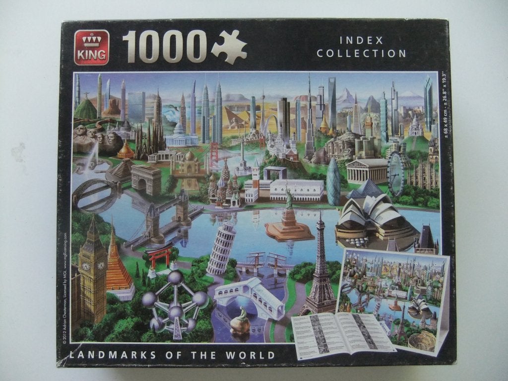 1000 stukjes puzzel Landmarks of the world compleet m guide, Ophalen of Verzenden, 500 t/m 1500 stukjes, Gebruikt, Legpuzzel