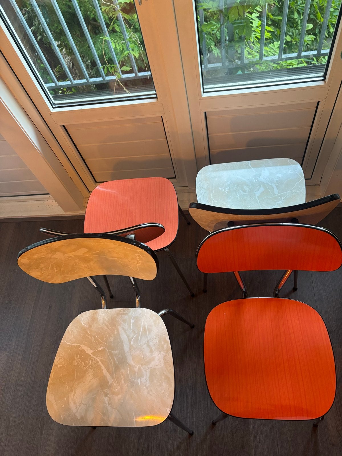 Set van 4 vintage formica stoelen - Oranje en Marmerlook, Ophalen, Gebruikt, Overige kleuren, Vier